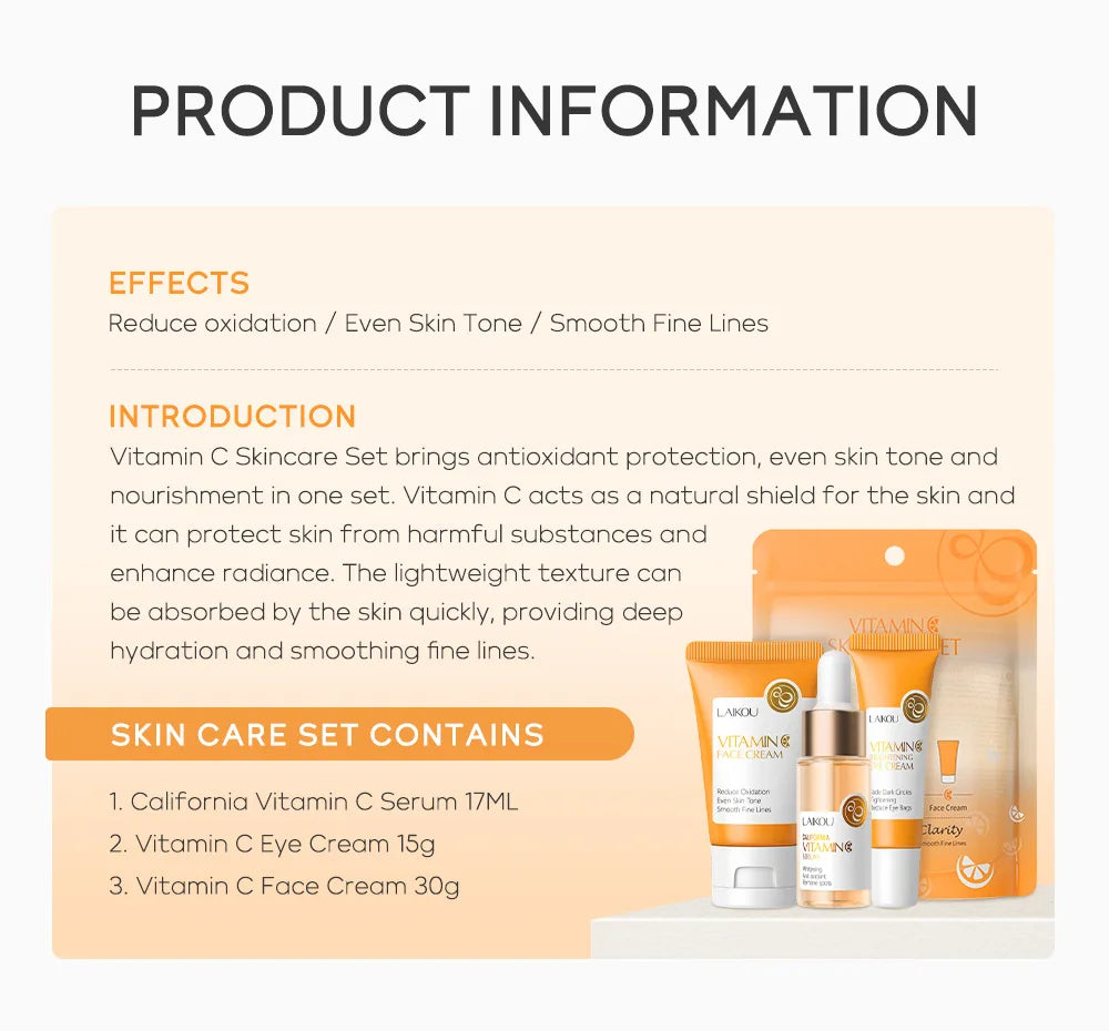 Set de 3 piezas LAIKOU Vitamina C 24K Golden Sakura Kit de cuidado facial Crema facial Sérum Crema para ojos Hidratante Antiarrugas