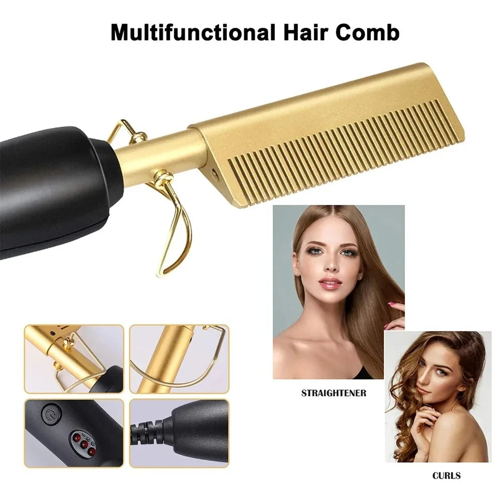 Peigne chauffant électrique rose, fer à lisser pour cheveux, barbe et perruques, utilisable sur cheveux secs ou mouillés.