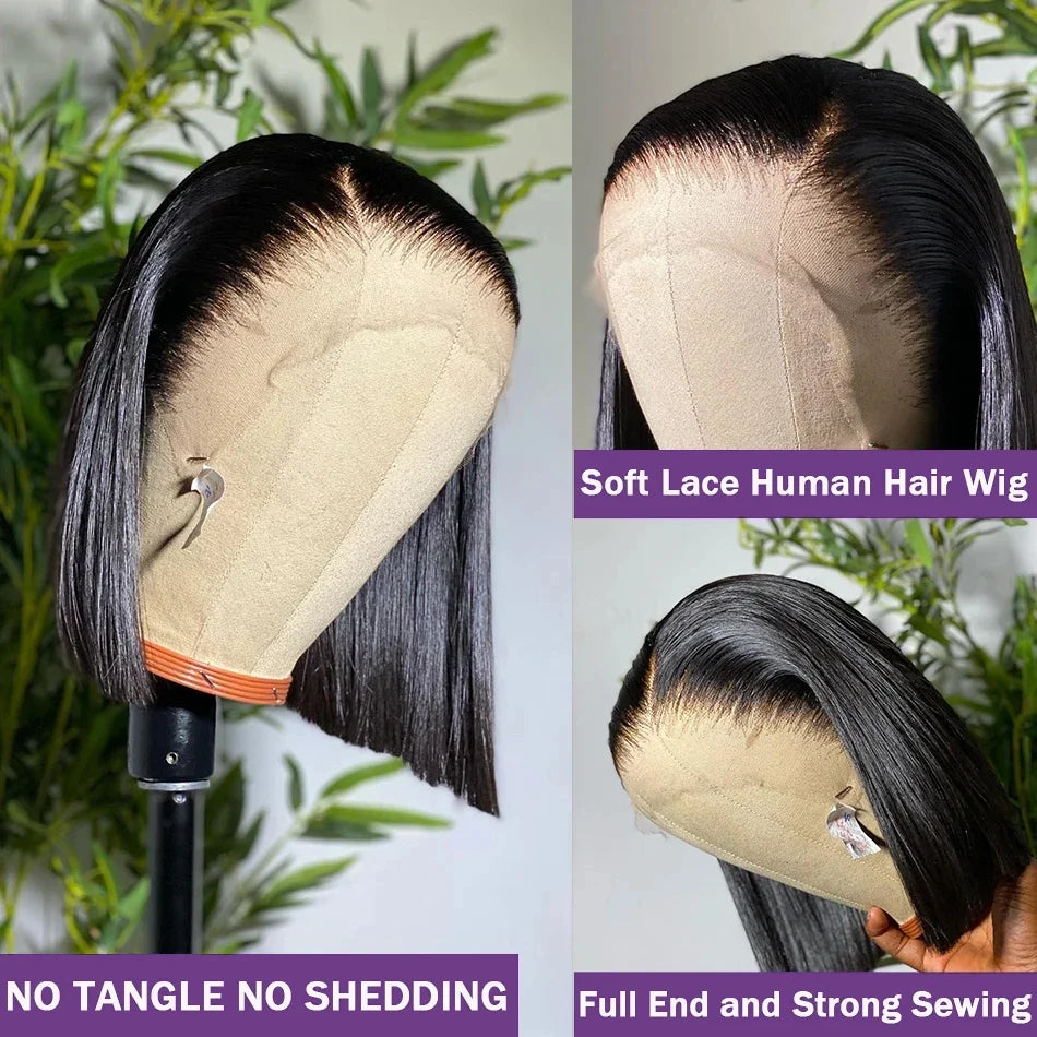 Perruque courte et lisse 13x4 avec lace front transparente 4x4, densité 200%, 100% cheveux humains, pré-épilée, pour femmes noires, 12 à 16 pouces.