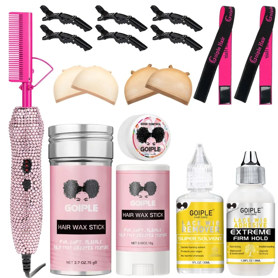 GOIPLE Peigne chauffant électrique, lisseur, fer à friser, brosse à friser, outils de coiffage pour le soin des cheveux, kit de coiffage pour perruques en dentelle