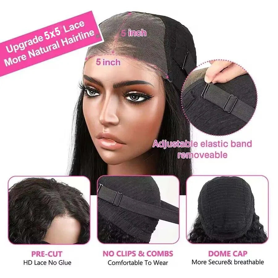 Perruque 5x5 sans colle, cheveux humains, prête à porter, dentelle prédécoupée, perruque lisse à lace front pour femmes