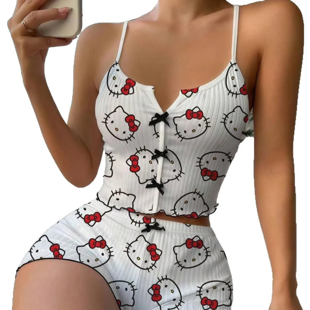 Ensemble pyjama short à bretelles courtes Spice Girl, nouveau dessin animé Hello Kitty, débardeur fin, short, idéal pour se détendre à l'extérieur.