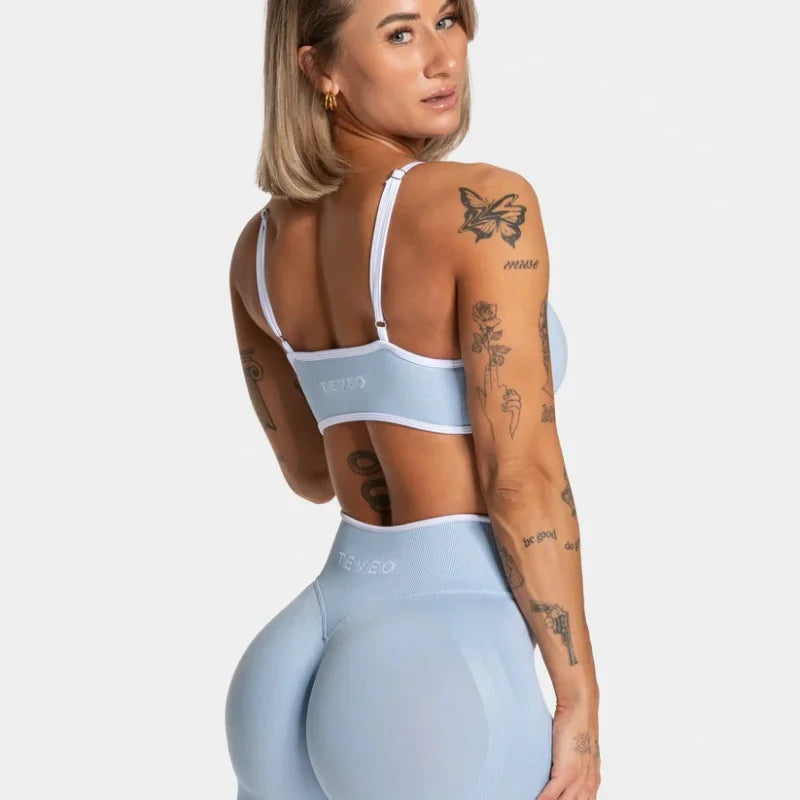 TEVEO Women's Backless Knitted Sports Bra Solid Color Summer Gym Fitness Top with Chest Cushion Sexy Suspender Yoga Bra