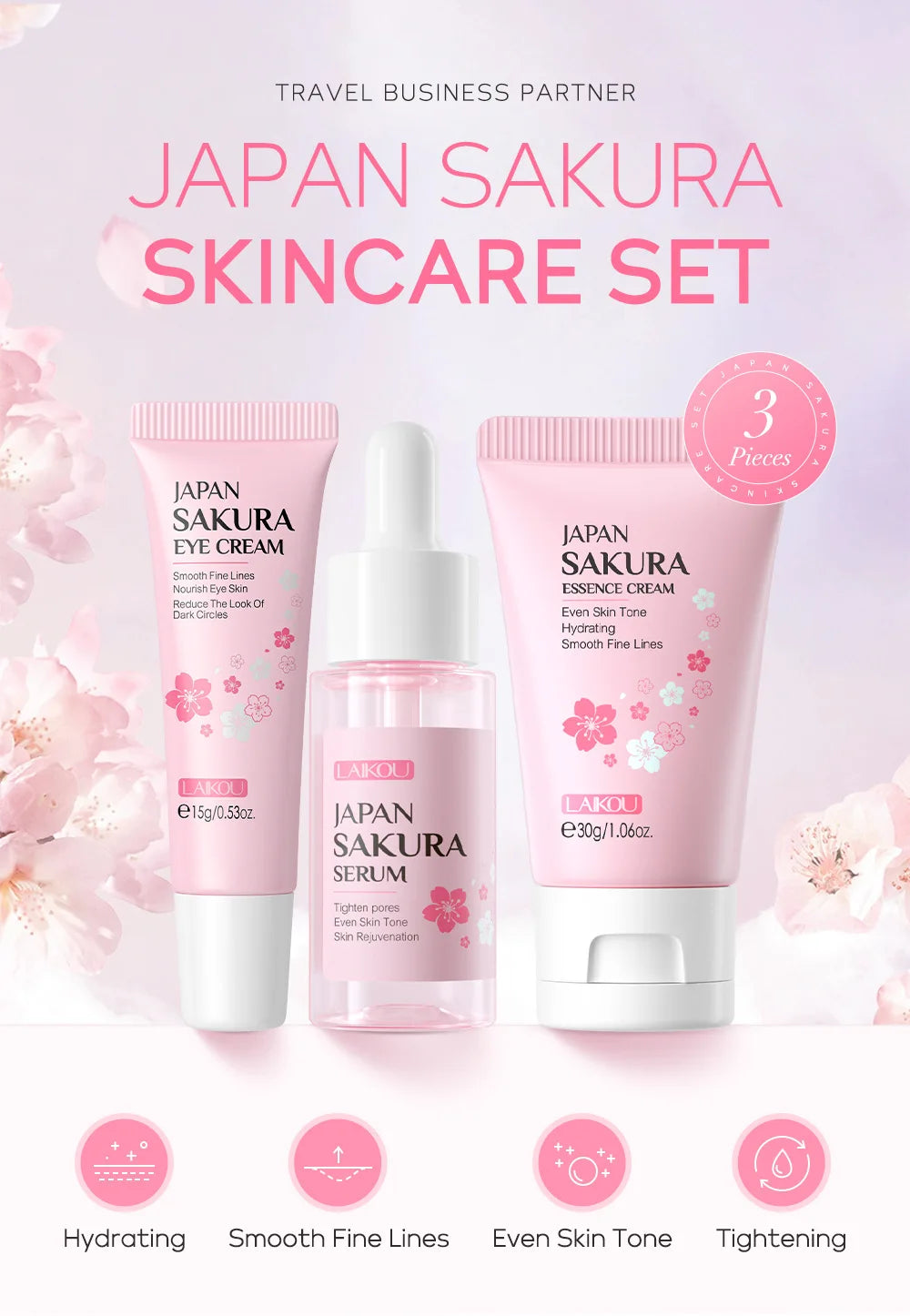 Set de 3 piezas LAIKOU Vitamina C 24K Golden Sakura Kit de cuidado facial Crema facial Sérum Crema para ojos Hidratante Antiarrugas