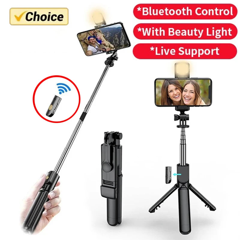 Perche à selfie sans fil avec trépied, lampe et télécommande Bluetooth extensible pour iPhone et streaming TikTok en direct
