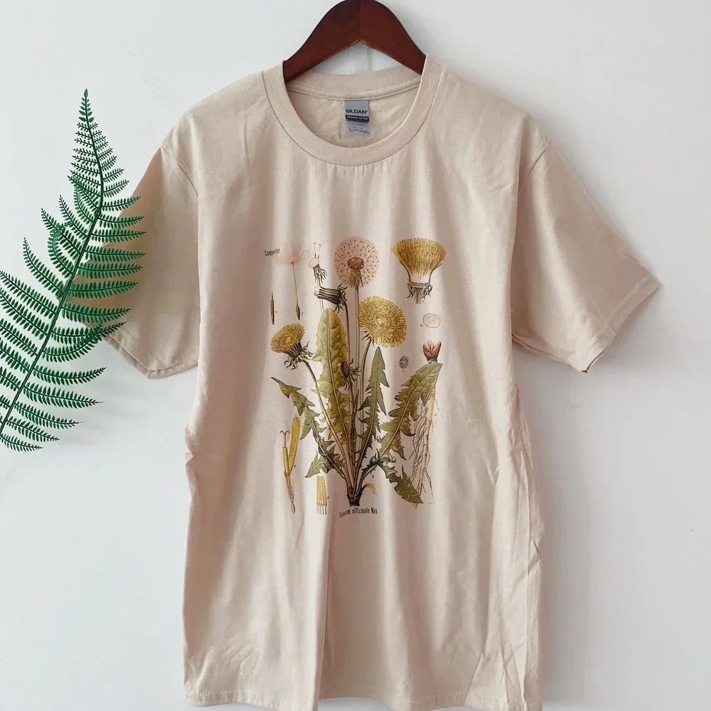 T-shirt graphique à motif botanique pissenlit, idéal pour la randonnée, imprimé botanique, manches courtes, en coton, coupe oversize, style Harajuku, pour femme