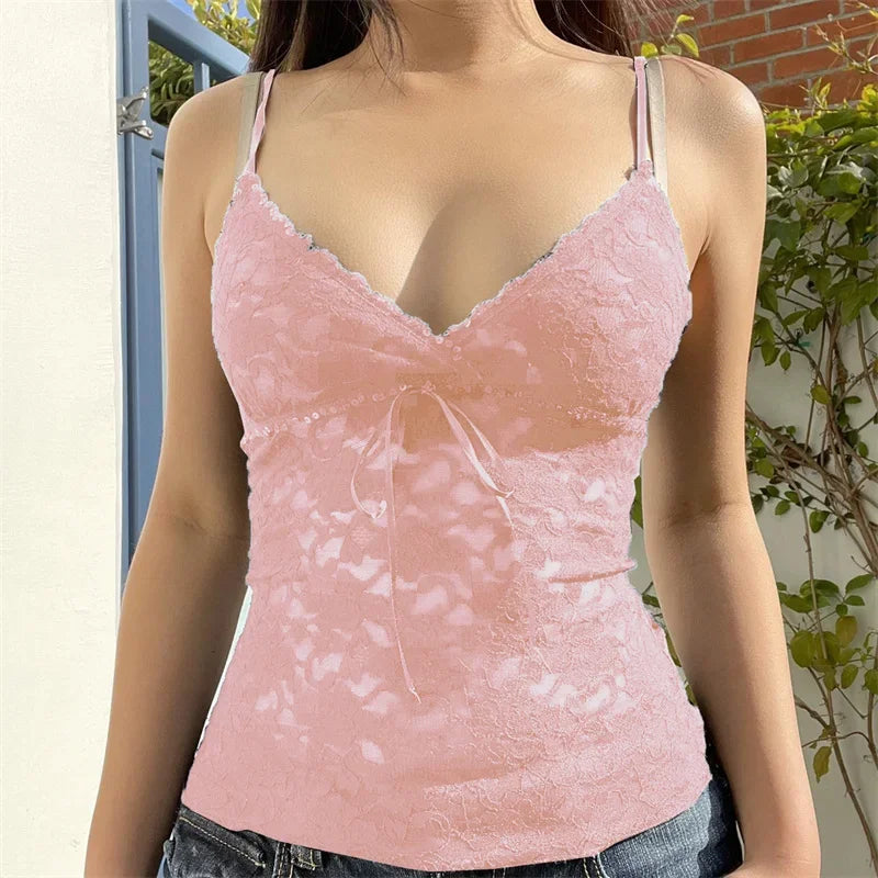 Hauts Fairycore Y2K, vêtements esthétiques pour femmes des années 2000, débardeur sans manches à bretelles spaghetti et col en V, style Coquette, streetwear