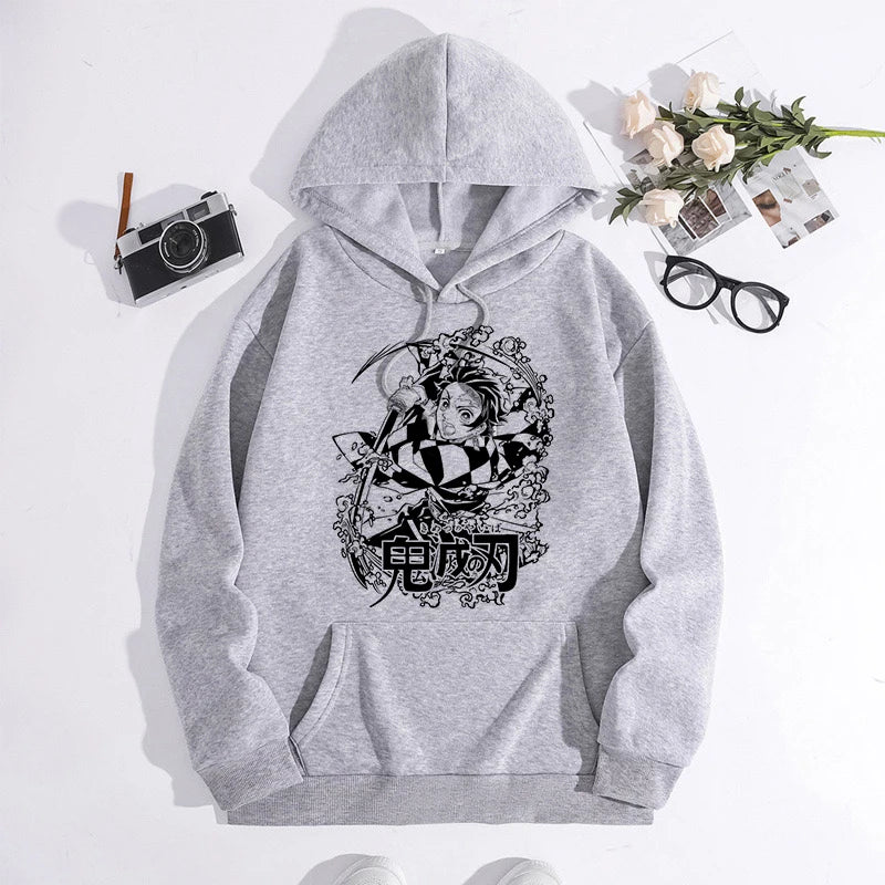 Japanese Anime Demon Slayer Hoodie Unisex Kamado Tanjirou Graphic Sweatshirts Greys Y2k Harajuku Fashion Cartoon Pullover Winter