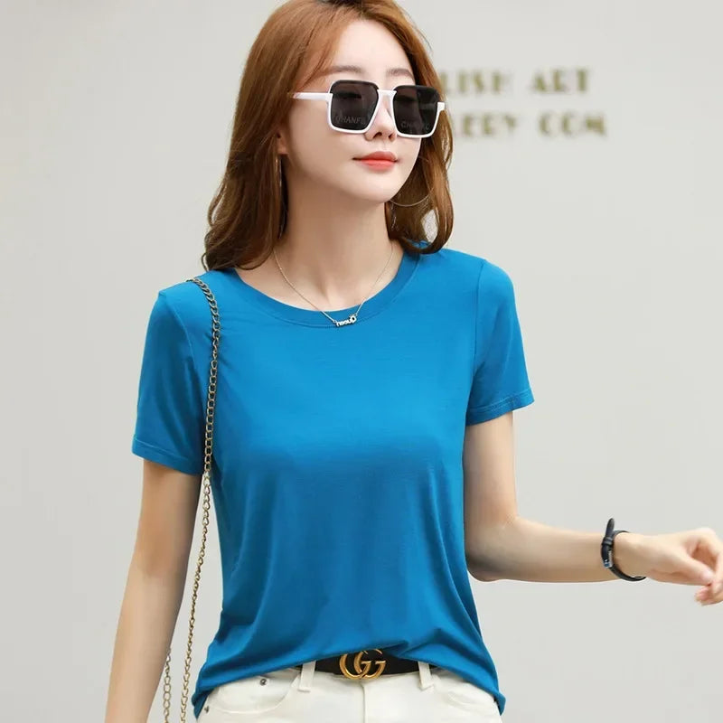 T-shirt MRMT 2026 pour femme, neuf, en coton et soie glacée, couleur unie, col rond, style minimaliste décontracté.