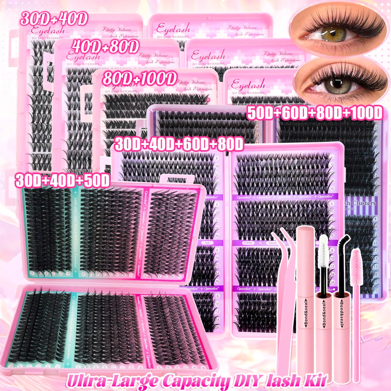 Kit d'extension de cils à faire soi-même : faux cils individuels de 9 à 16 mm avec colle et fixateur, effet naturel et vaporeux.