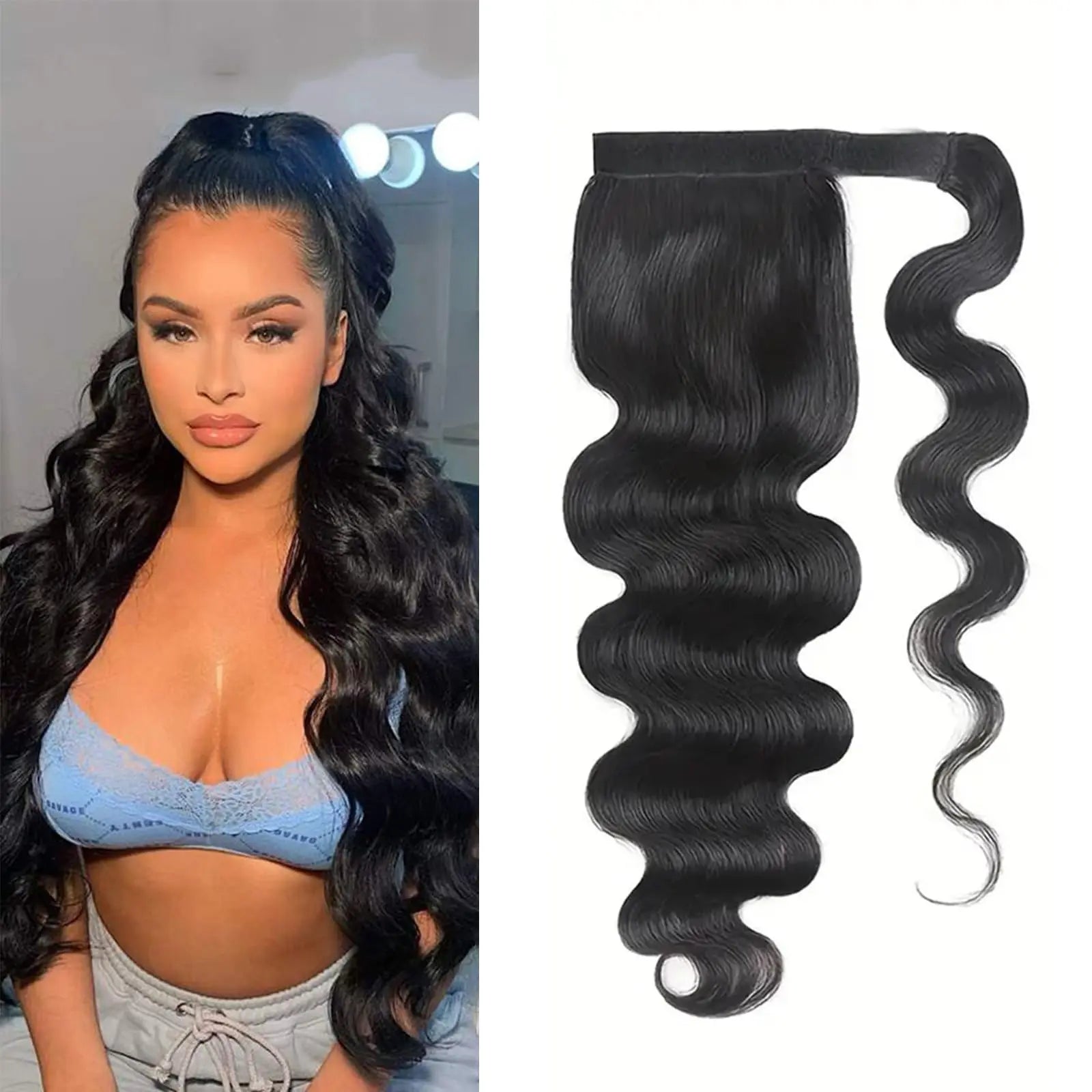 Queue de cheval lisse de 25 à 80 cm, confectionnée à la machine, avec clips magiques, extensions de cheveux humains brésiliens Remy noirs et bouclés.