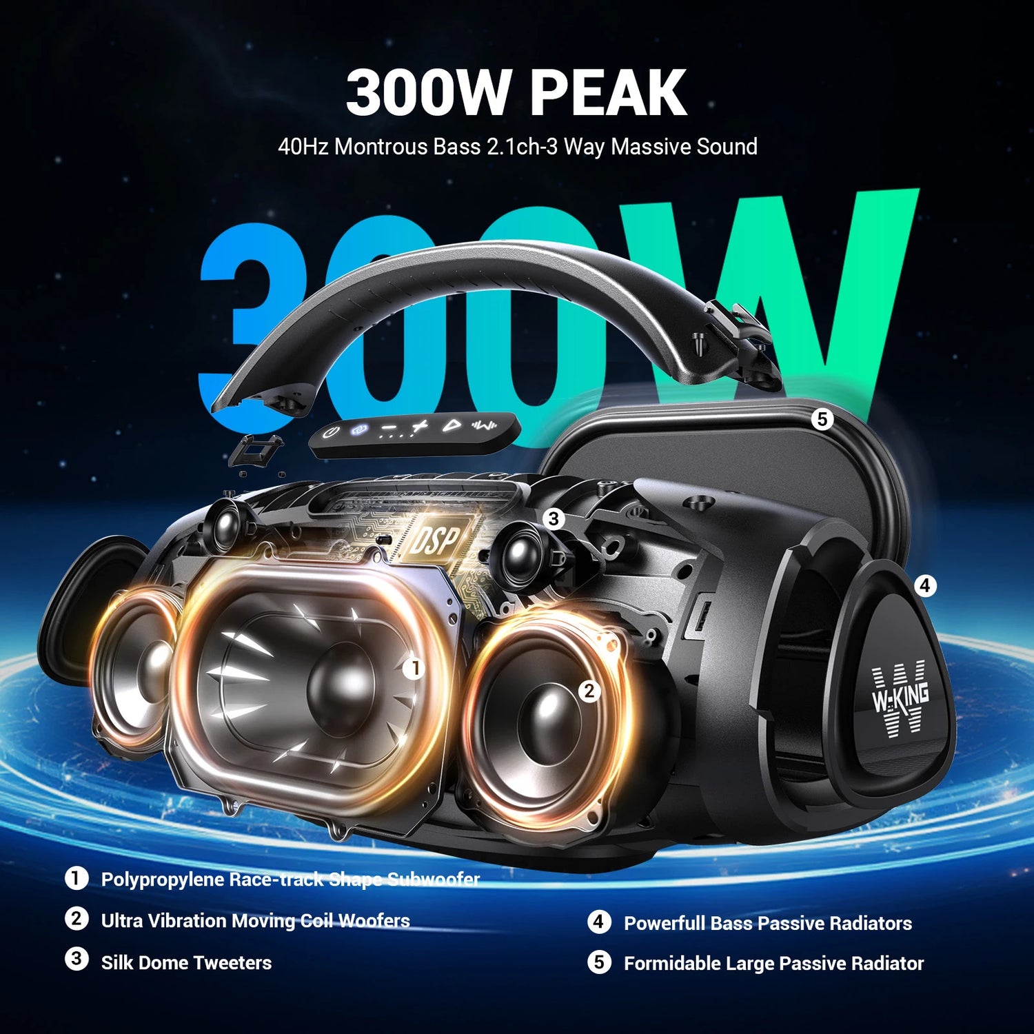 Enceinte Bluetooth portable W-KING 200 W RMS, boombox de fête aux basses puissantes, enceinte étanche IPX7, grande enceinte puissante pour l'extérieur