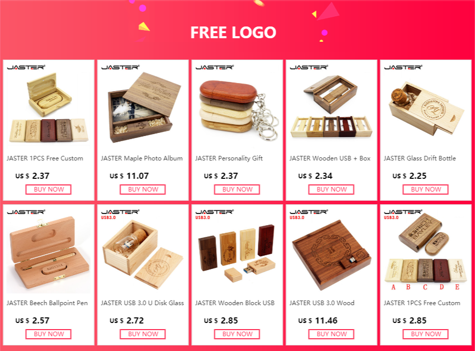 JASTER Lot de 10 clés USB 2.0 en bois (logo personnalisable) - 4 Go, 8 Go, 16 Go, 32 Go, 64 Go, 128 Go - Cadeau de mariage