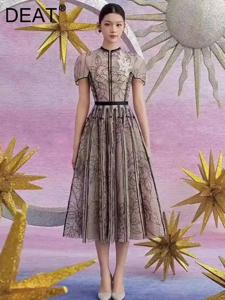 Robe DEAT élégante à col rond, broderie, patchwork de gaze, coupe trapèze, unie, robe de soirée femme printemps 2026, nouvelle mode 35Z927