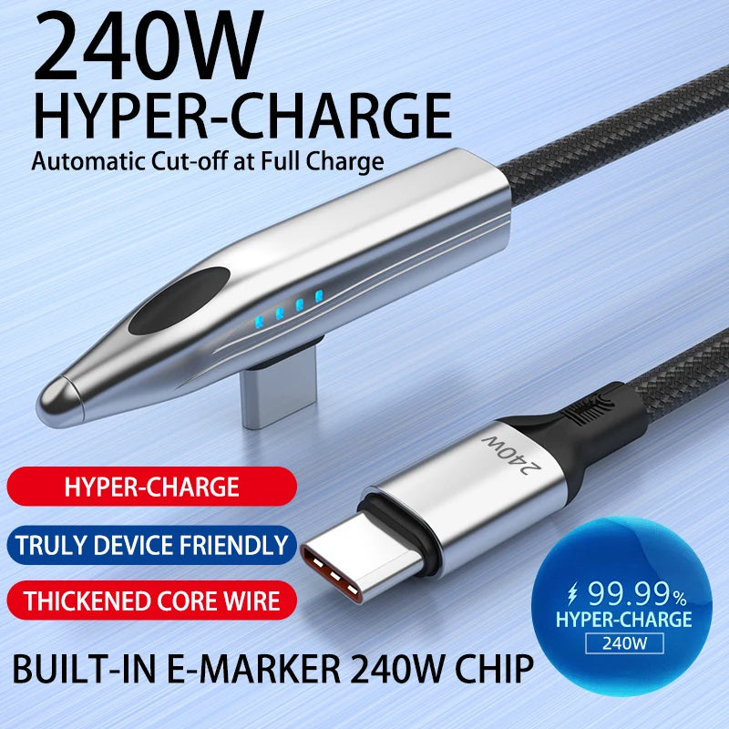 Câble de charge rapide 240 W/100 W en forme de train à grande vitesse, coude à 90°, USB-A/Type C vers Type C pour Samsung S25 et iPhone 16.