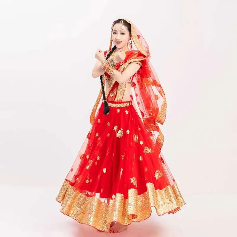 Yiman Exotic Indian Dance Dress Ethnic Style Female Photo Belly Dance Sari Top Big Swing Skirt Lengha Set