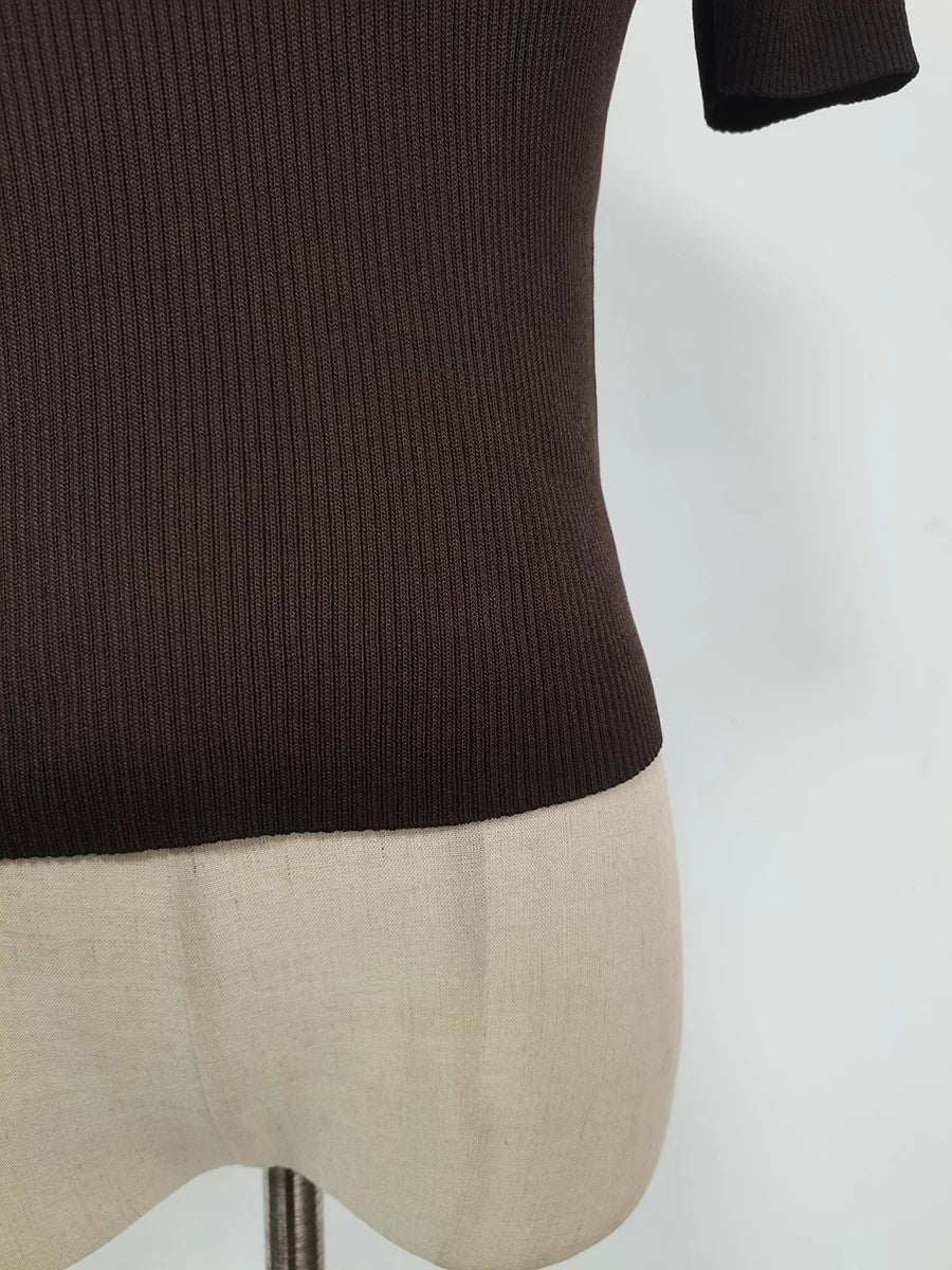 TWOTWINSTYLE Hollow Out Spliced Metal Buckle T Shirts For Women Turtleneck Short Sleeve Minimalist Slimming T Shirt Female 2025