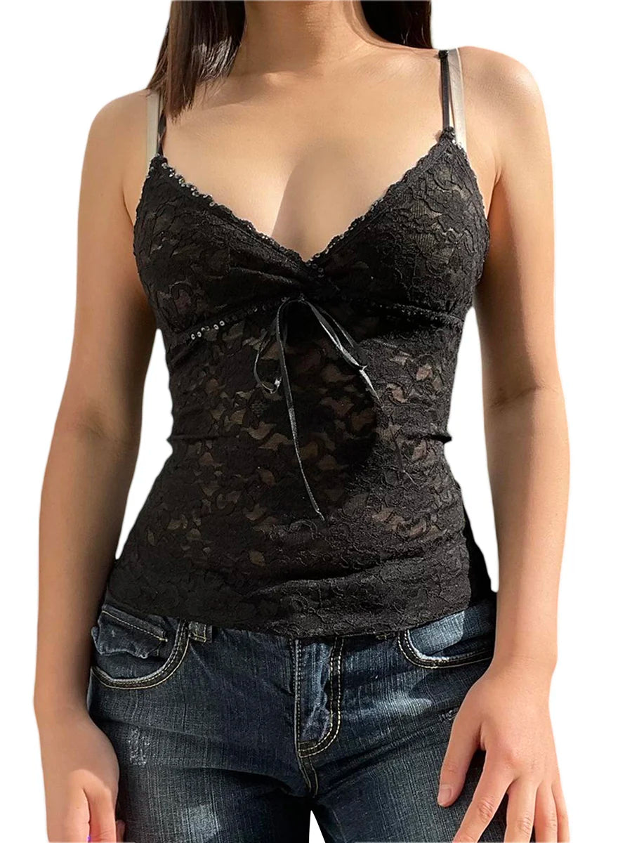 Hauts Fairycore Y2K, vêtements esthétiques pour femmes des années 2000, débardeur sans manches à bretelles spaghetti et col en V, style Coquette, streetwear