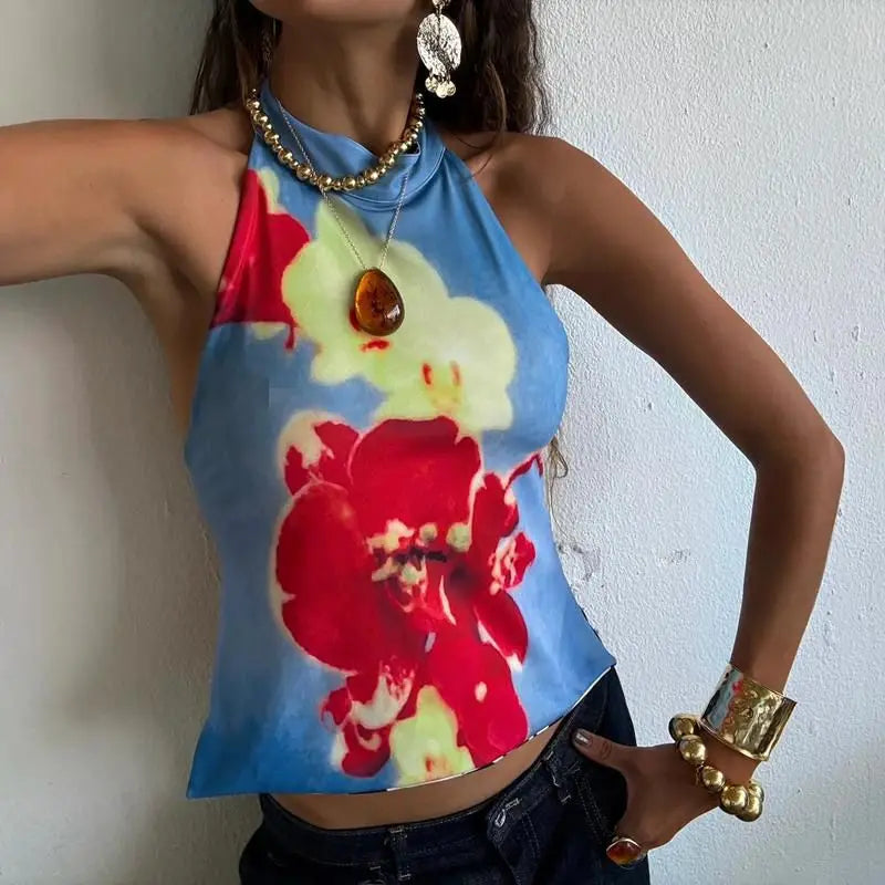 Combhasaki Débardeurs d'été pour femmes, style années 2000, à boutons, col halter, sans manches, dos nu, imprimé à pois/fleurs tie-dye