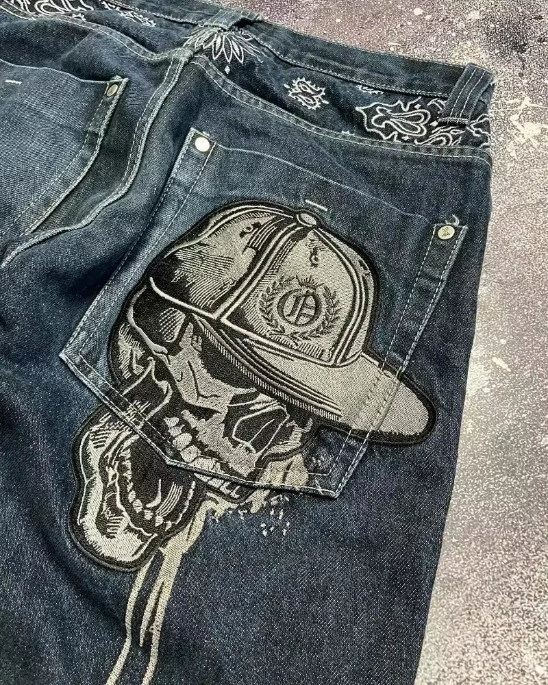 Jean tendance streetwear brodé de têtes de mort pour femme, style Harajuku Y2K, pantalon droit à jambes larges, style Joker, jean décontracté pour couple
