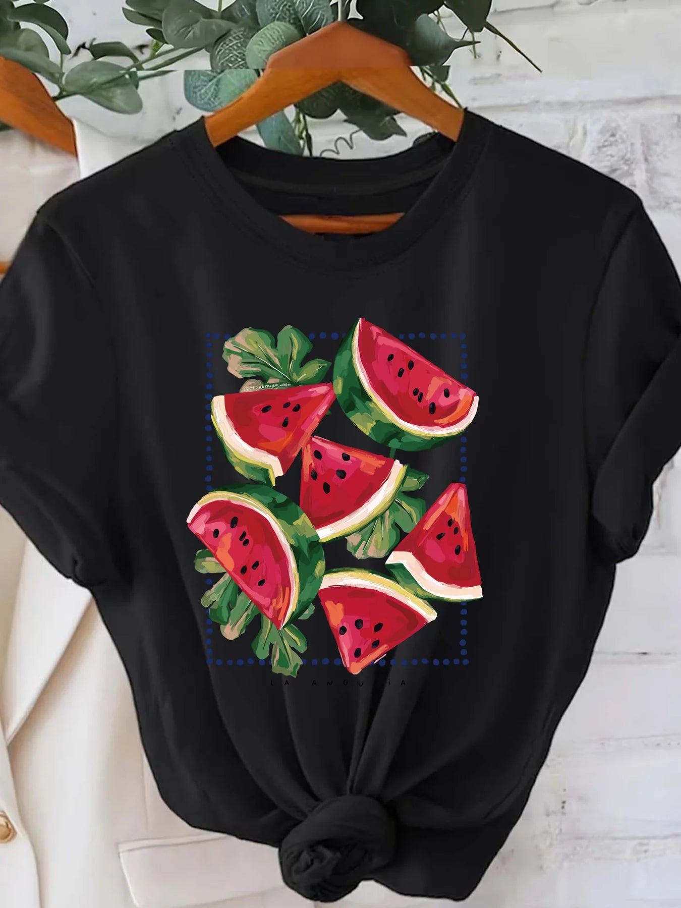 T-shirt minimaliste à imprimé pastèque pour l'été, haut décontracté à manches courtes et col rond pour femme, vêtement doux au quotidien