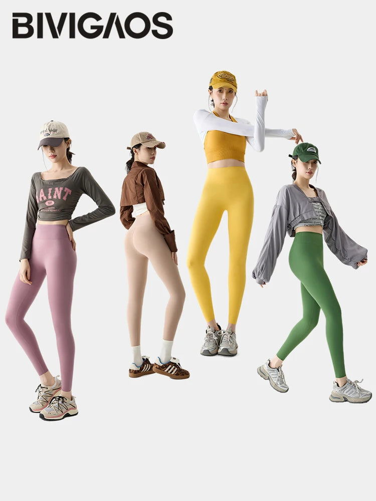 Leggings de sport et de fitness BIVIGAOS Printemps-Été, colorés, sans coutures, effet peau de requin, fins, élastiques et moulants.