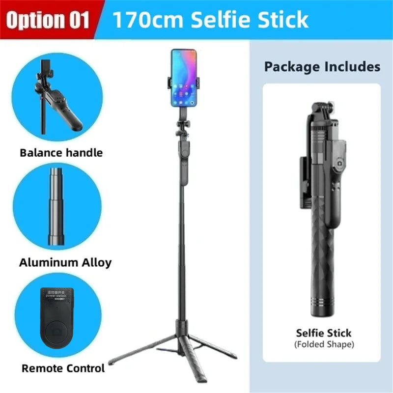 Perche à selfie sans fil FANGTUOSI 1750 mm, trépied, monopode pliable avec lumière LED pour smartphones, prise de vue stable et équilibrée en direct