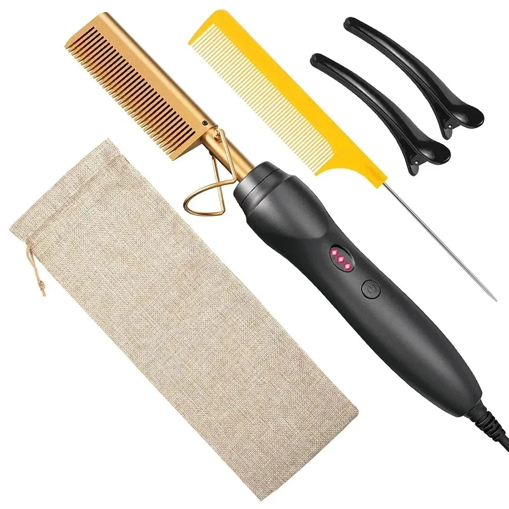 Peigne chauffant électrique rose, fer à lisser pour cheveux, barbe et perruques, utilisable sur cheveux secs ou mouillés.