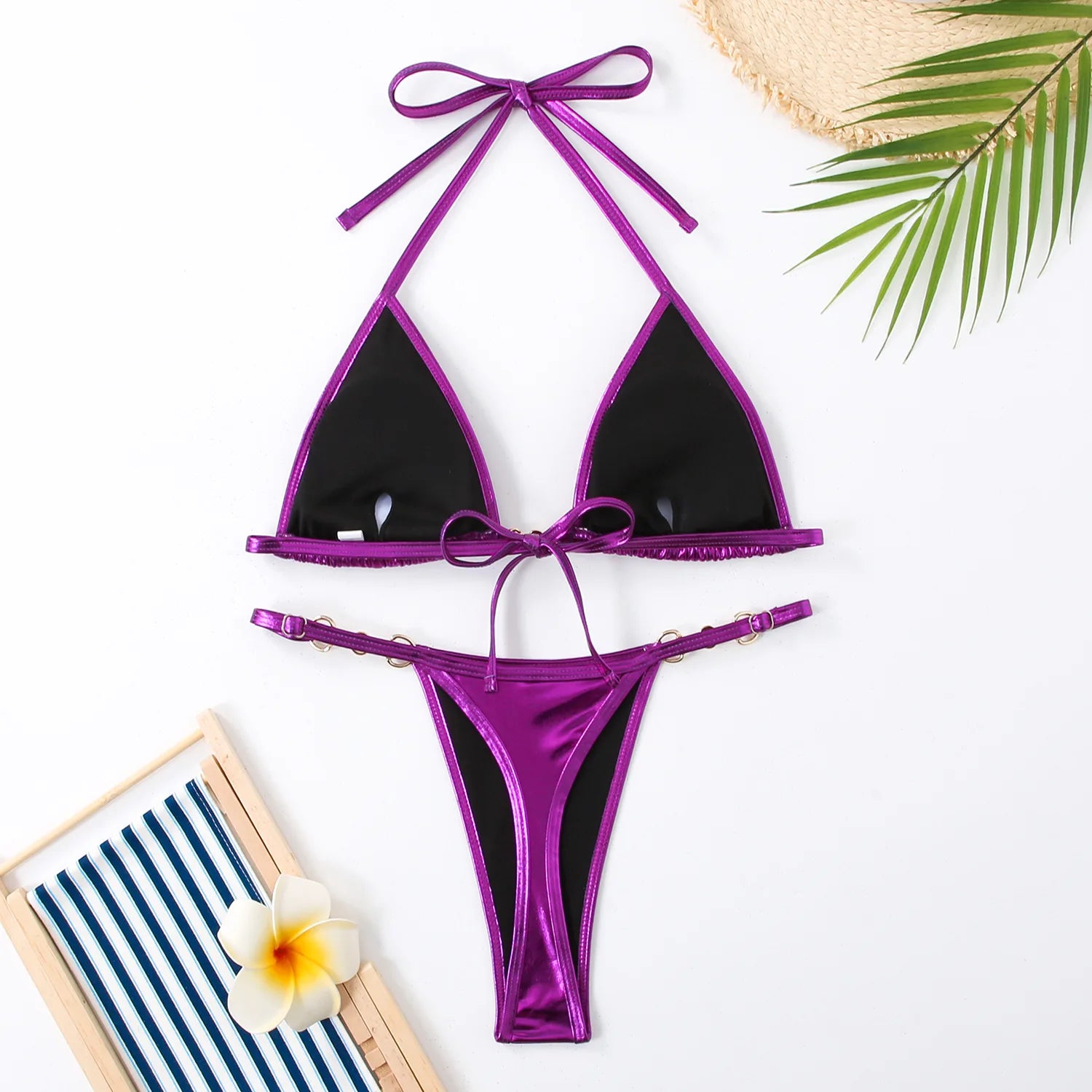 Micro bikini rose brillant 2025 Femme Sexy PU Perles Push-up String Maillot de bain été Maillot de bain bandage vacances