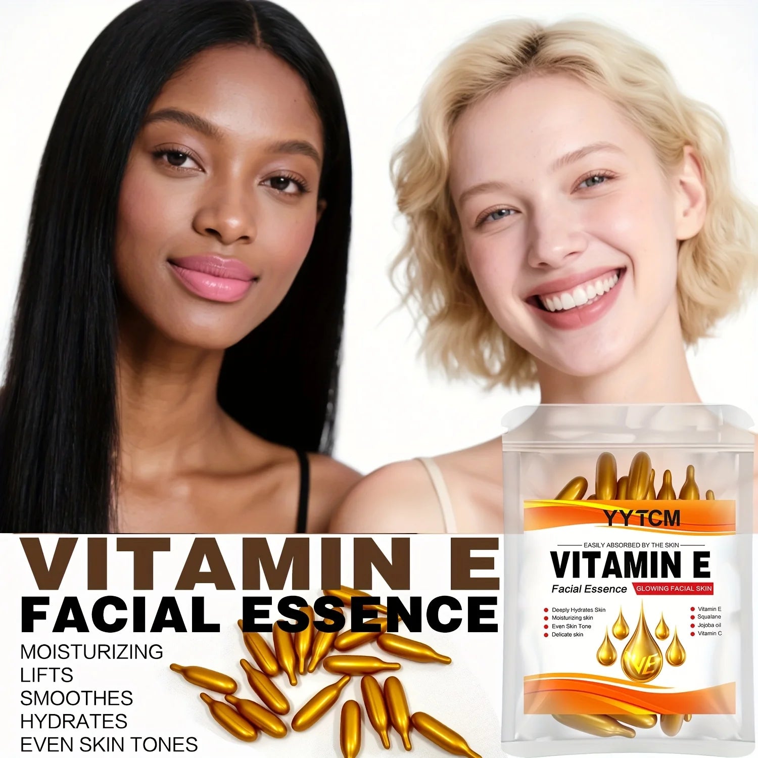 Capsules d'essence hydratante intense à la vitamine E, hydrate et lisse la peau, contient du squalane végétal et de la vitamine C. Essence hydratante et illuminatrice pour le teint (0,4 g x 30 capsules) / 1 sachet