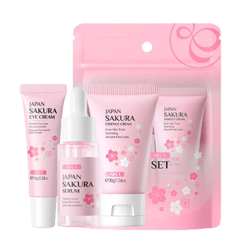 Set de 3 piezas LAIKOU Vitamina C 24K Golden Sakura Kit de cuidado facial Crema facial Sérum Crema para ojos Hidratante Antiarrugas