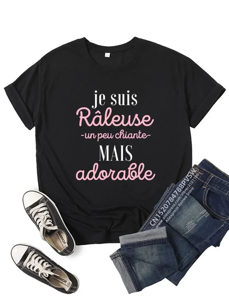 Hauts Harajuku noirs, roses et rouges, vêtements pour femmes, France, t-shirt graphique amusant avec inscription, style fille, manches courtes