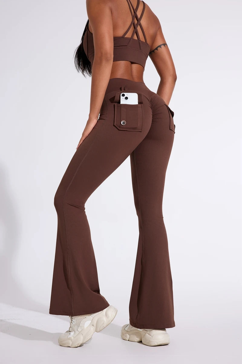 Pantalon de yoga taille haute à poches pour femme DIAS FIT JOY, effet push-up, séchage rapide, idéal pour la course, le sport et la salle de gym.