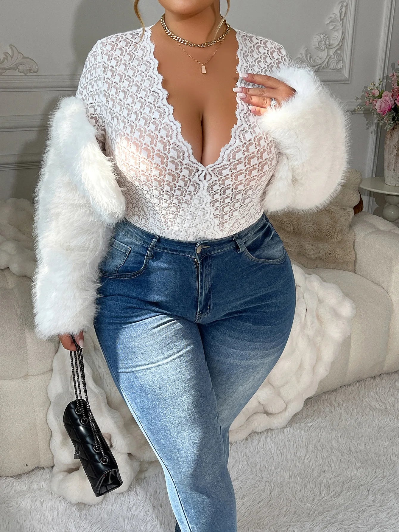 Sexy White Lace Sheer Bodysuits Elegant Long Sleeve New Hollow Out Inner Wear Women's Bodysuits Transparent V Neck Charming 8ABE