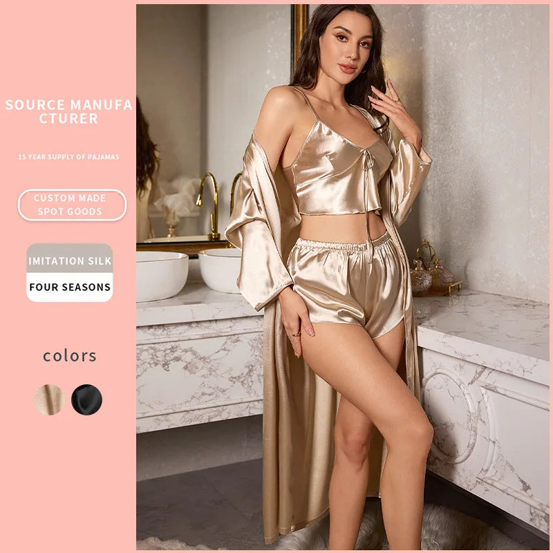 Ensemble 3 pièces de pyjama sexy pour femme, comprenant nuisettes en satin, robes de nuit et peignoirs courts.