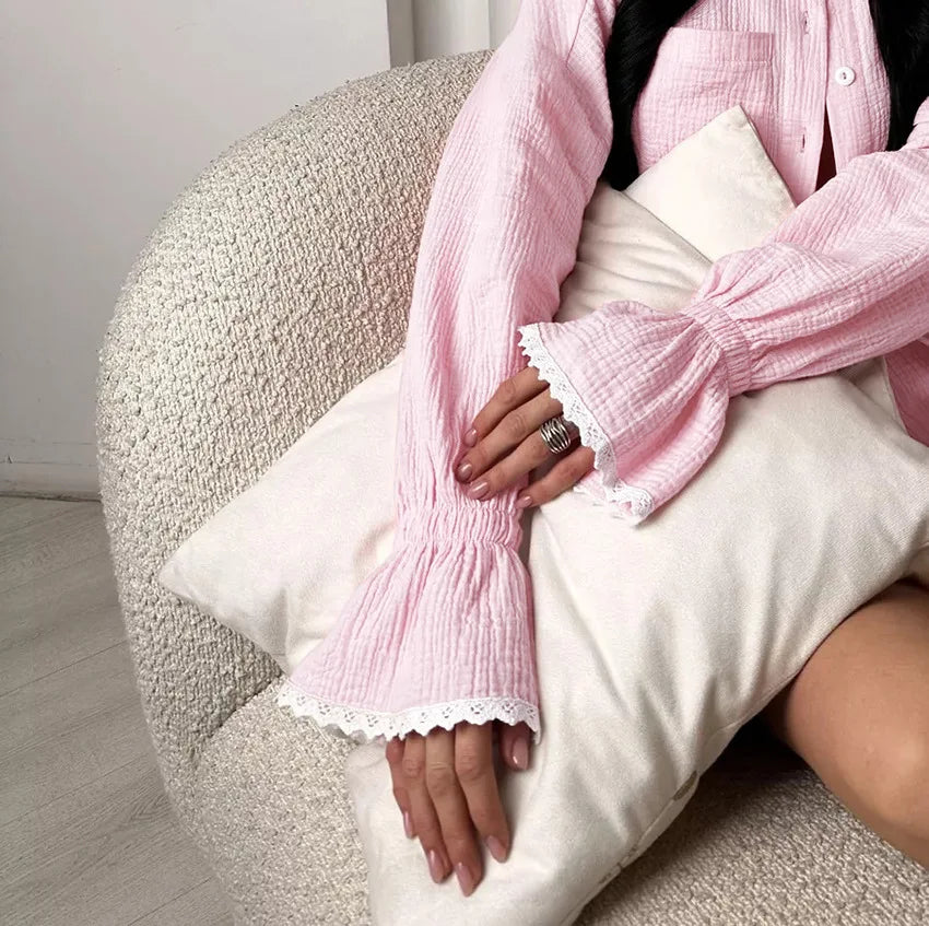 Ensemble pyjama en coton pour femme, automne, chemise à manches longues et short, ensemble 2 pièces, vêtements de nuit décontractés à volants.