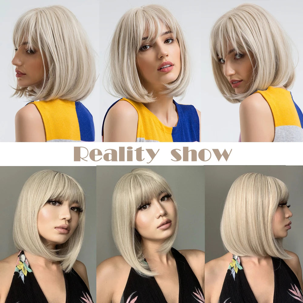 Perruque synthétique blanche, blonde et grise avec frange, coupe courte et lisse, idéale pour le cosplay et le quotidien. Cheveux naturels et résistants à la chaleur.