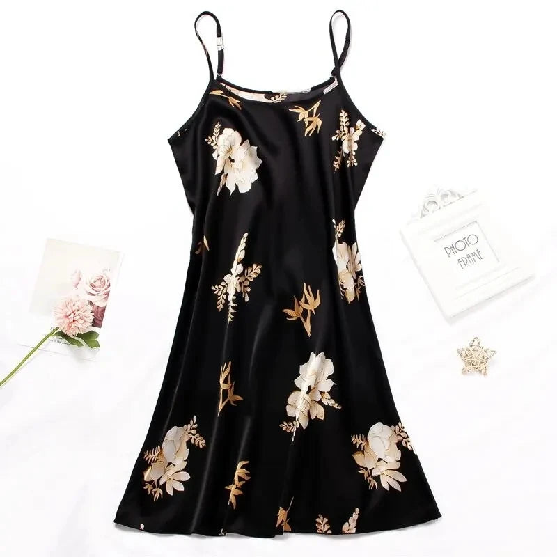 Vêtements de nuit pour femmes, vêtements d'intérieur, nuisette sexy noire à imprimé floral, chemises de nuit en soie, chemises de nuit pour femmes