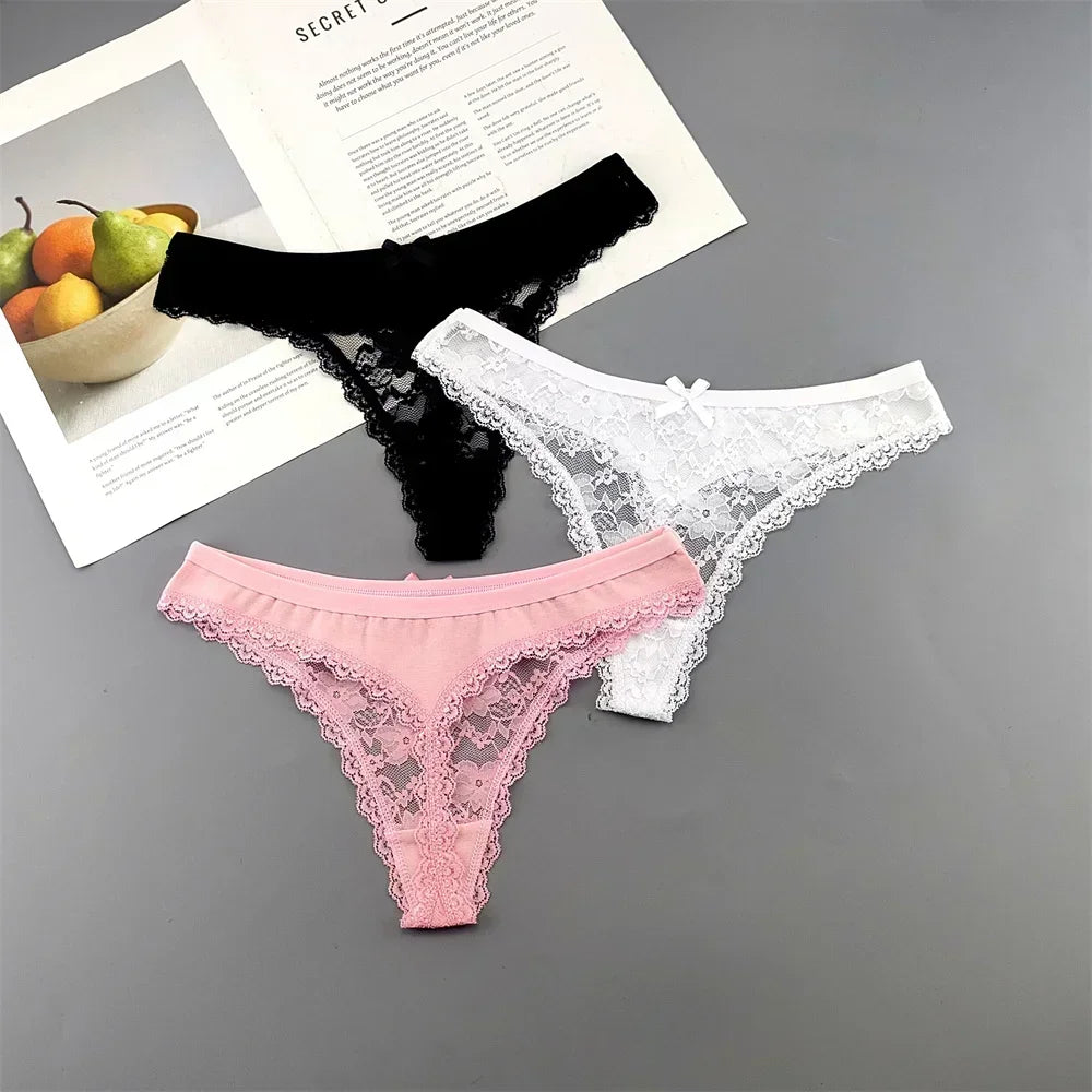Lot de 3 culottes string sexy en dentelle transparente pour femme, sans coutures, style bikini, taille basse, tailles S à XXL