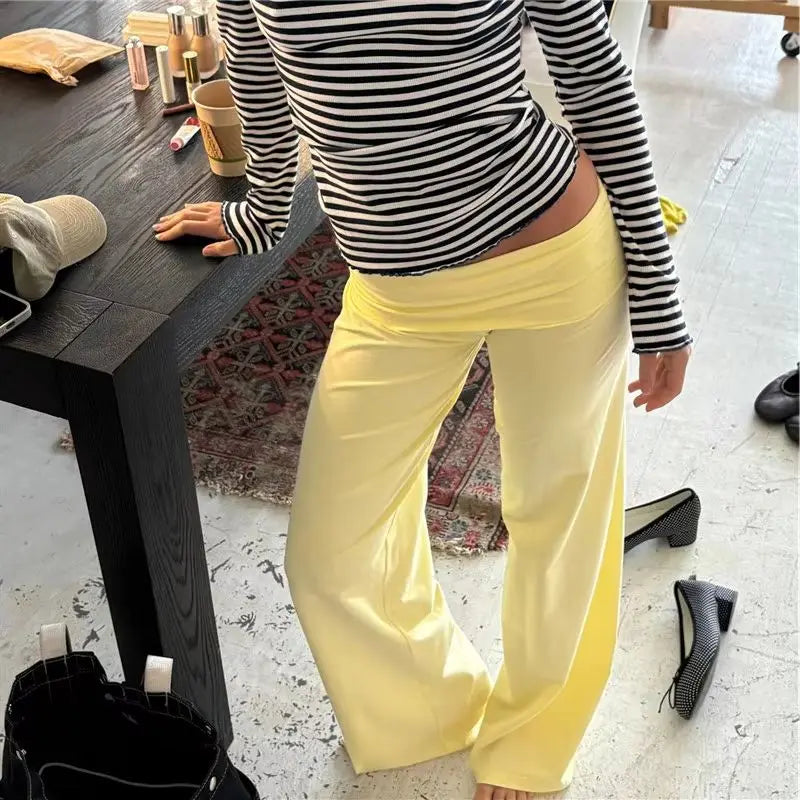 Pantalon large femme, couleur unie, taille repliable, pantalon décontracté printemps automne, pantalon de jogging ample, style streetwear Y2K