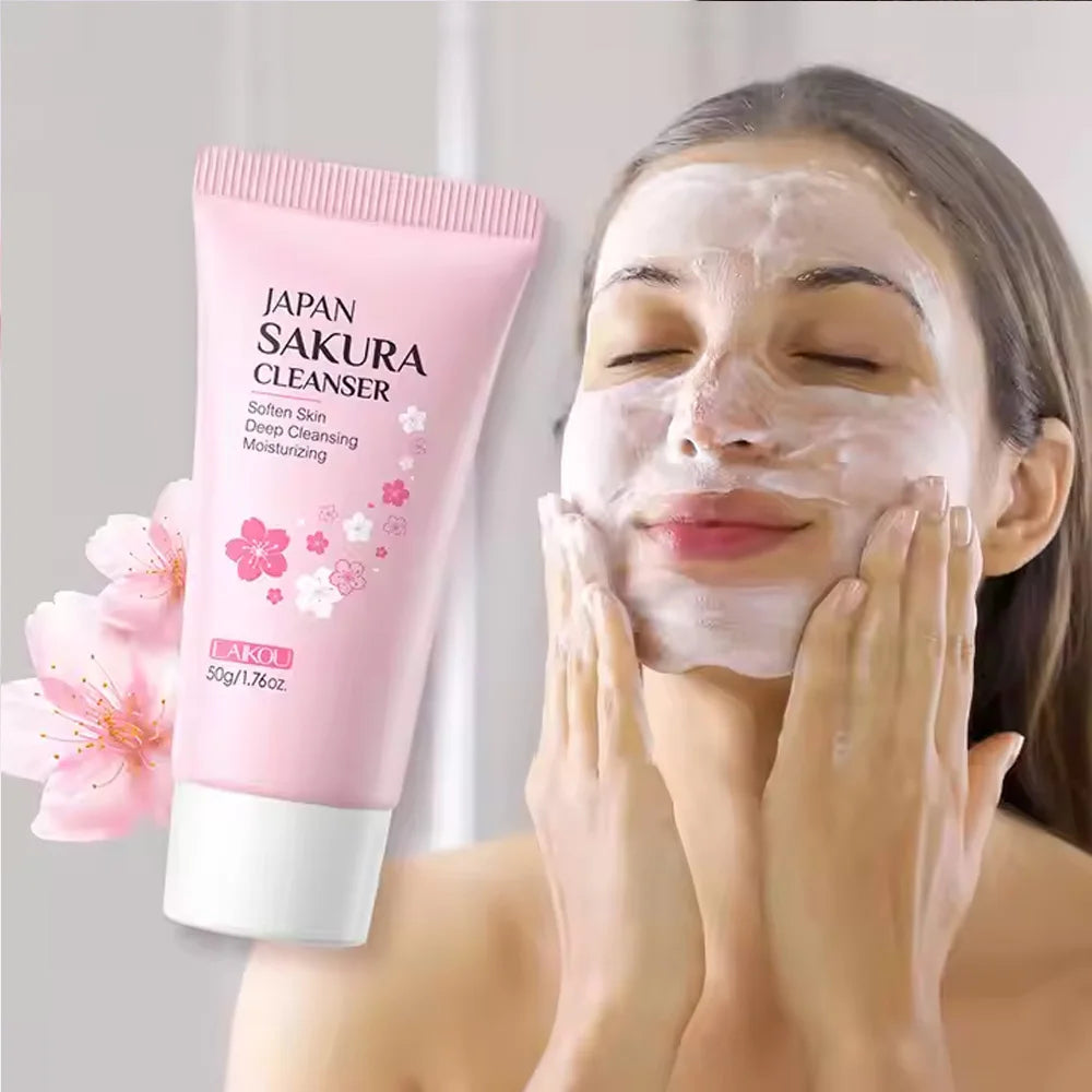 LAIKOU Sakura Nettoyant Doux Nettoyage en Profondeur Contrôle du Sébum Hydratant Resserre les Pores Soin du Visage 50g Nettoyant pour Tous Types de Peau