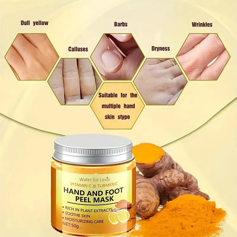 Masque à la cire pour les mains et les pieds à la vitamine C et au curcuma : adoucit la peau, nettoie en douceur et illumine le teint.