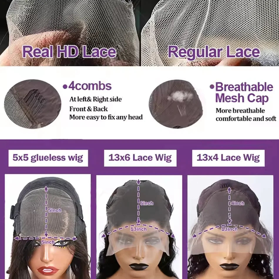 Perruque 30-40 pouces, densité 200, raide comme un os, avec lace frontale HD 13x6 et lace frontale transparente 13x4 pré-épilée, 100 % cheveux humains pour femmes.