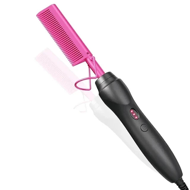 Peigne chauffant électrique rose, fer à lisser pour cheveux, barbe et perruques, utilisable sur cheveux secs ou mouillés.