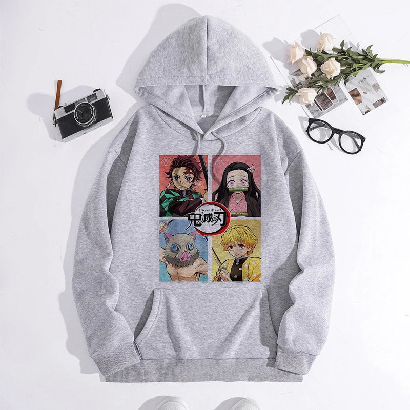 Japanese Anime Demon Slayer Hoodie Unisex Kamado Tanjirou Graphic Sweatshirts Greys Y2k Harajuku Fashion Cartoon Pullover Winter