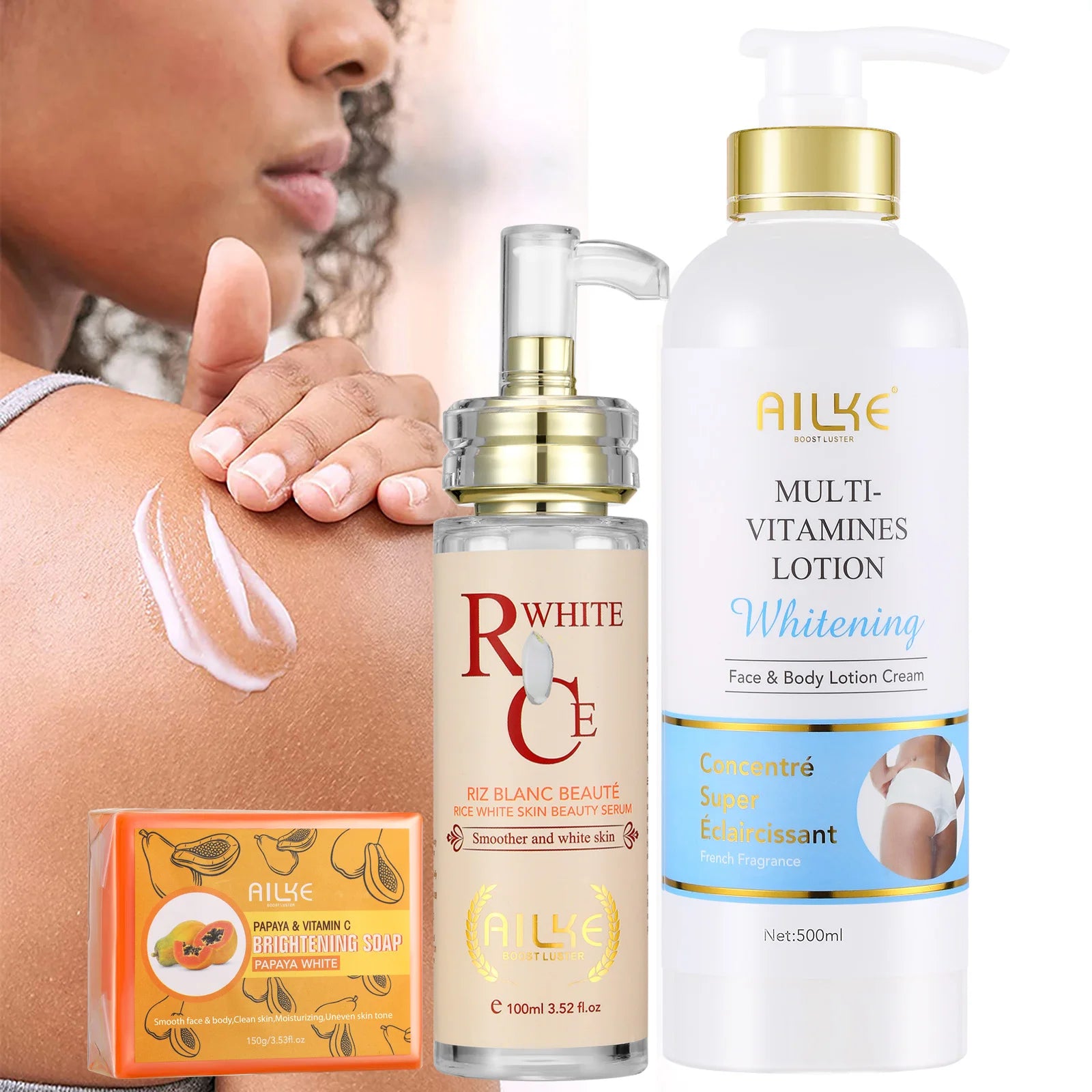Kit de soins éclaircissants multivitaminés naturels AILKE : hydrate, unifie le teint, atténue les taches brunes et blanches, nettoie et lisse la peau.