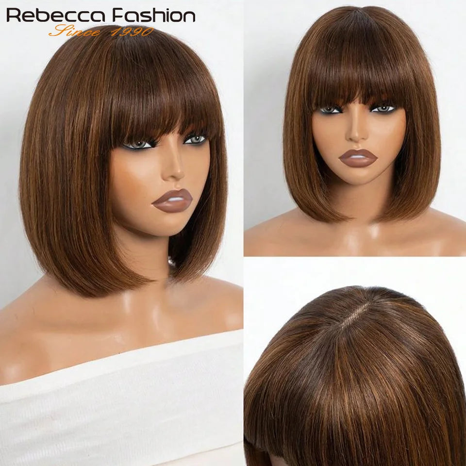 Perruques en cheveux humains lisses avec frange, raie au milieu, coupe au carré, style brésilien, effet cuir chevelu réaliste.