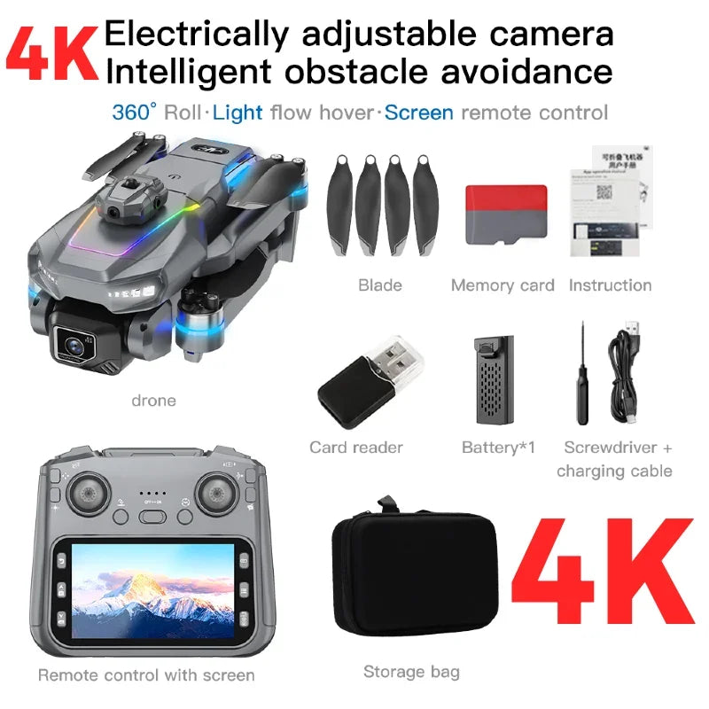 Drone AE19 GPS, écran LCD 4,3", double caméra 8K/4K, rotation à 360° avec détection d'obstacles, 3 options de batterie, quadricoptère radiocommandé professionnel, idéal pour les cadeaux et les voyages.