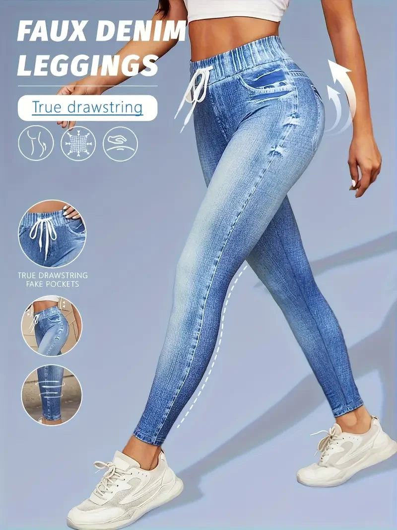Leggings extensibles à cordon de serrage, effet denim, taille haute, coupe slim, effet push-up.