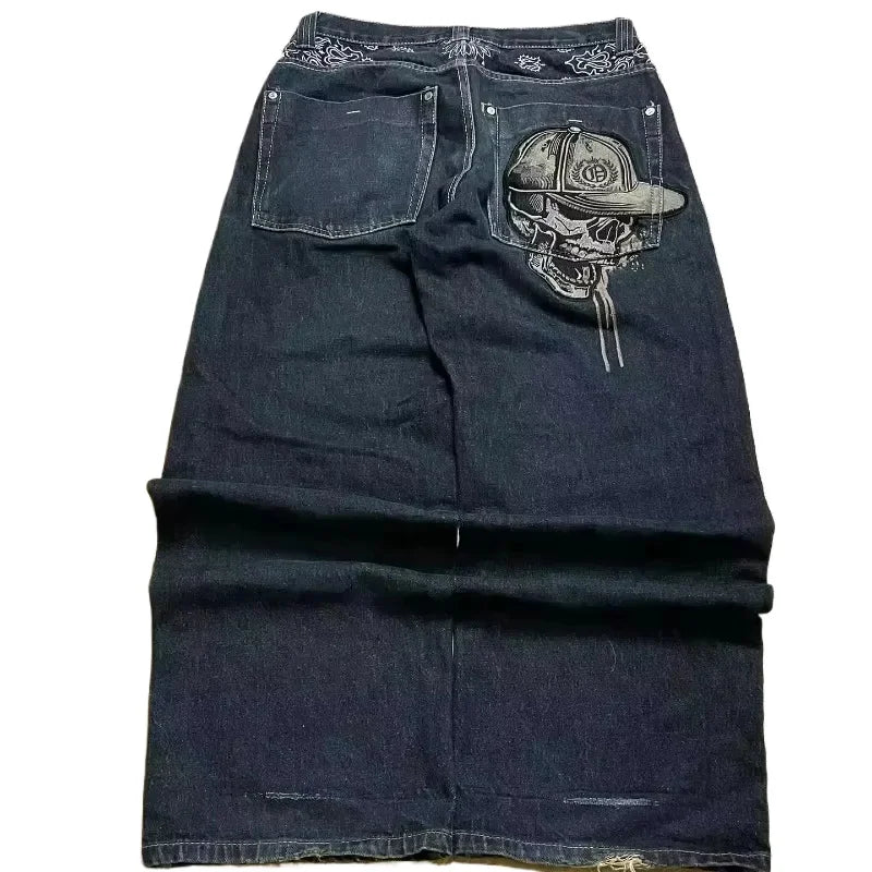 Jean tendance streetwear brodé de têtes de mort pour femme, style Harajuku Y2K, pantalon droit à jambes larges, style Joker, jean décontracté pour couple